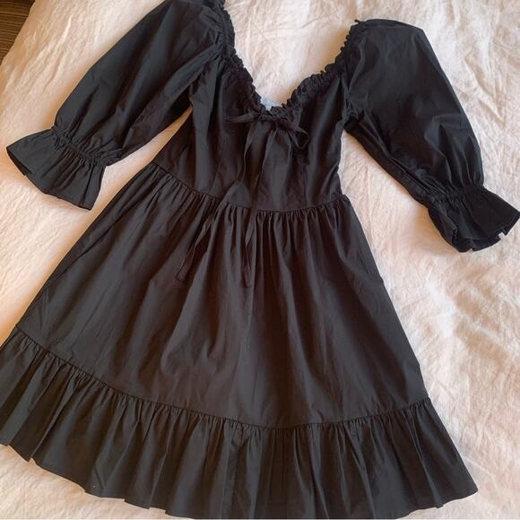 Hill House Samantha Cotton Long 3/4 Sleeve V Neck Ruffle A Line Mini Dress Black - Picture 6 of 11